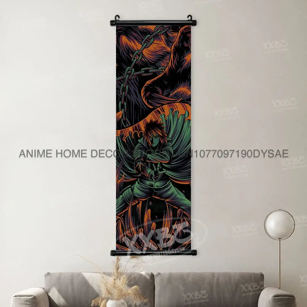 Naruto Madara wall scroll poster featuring a dynamic character in green and black armor on fiery backdrop mounted on black roller frame