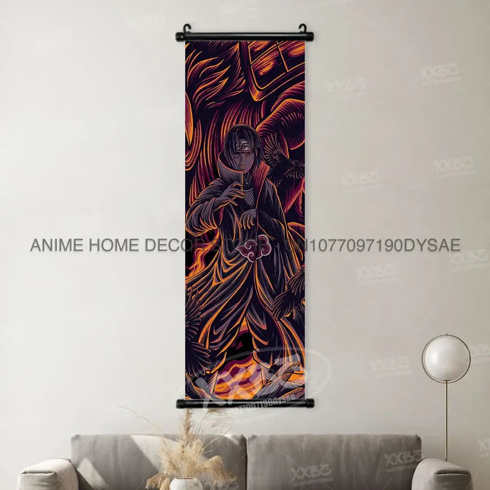 Vibrant orange and black Naruto Madara wall scroll poster featuring a character in dark robes with fiery background details
