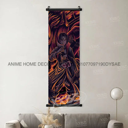 Vibrant orange and black Naruto Madara wall scroll poster featuring a character in dark robes with fiery background details