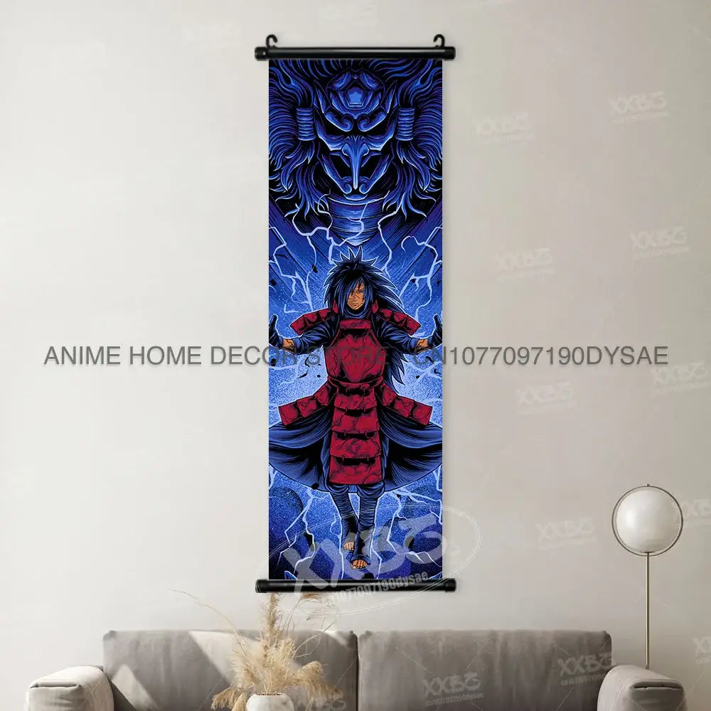 Naruto madara wall scroll poster featuring a vibrant blue and red anime character with lightning effects on fabric