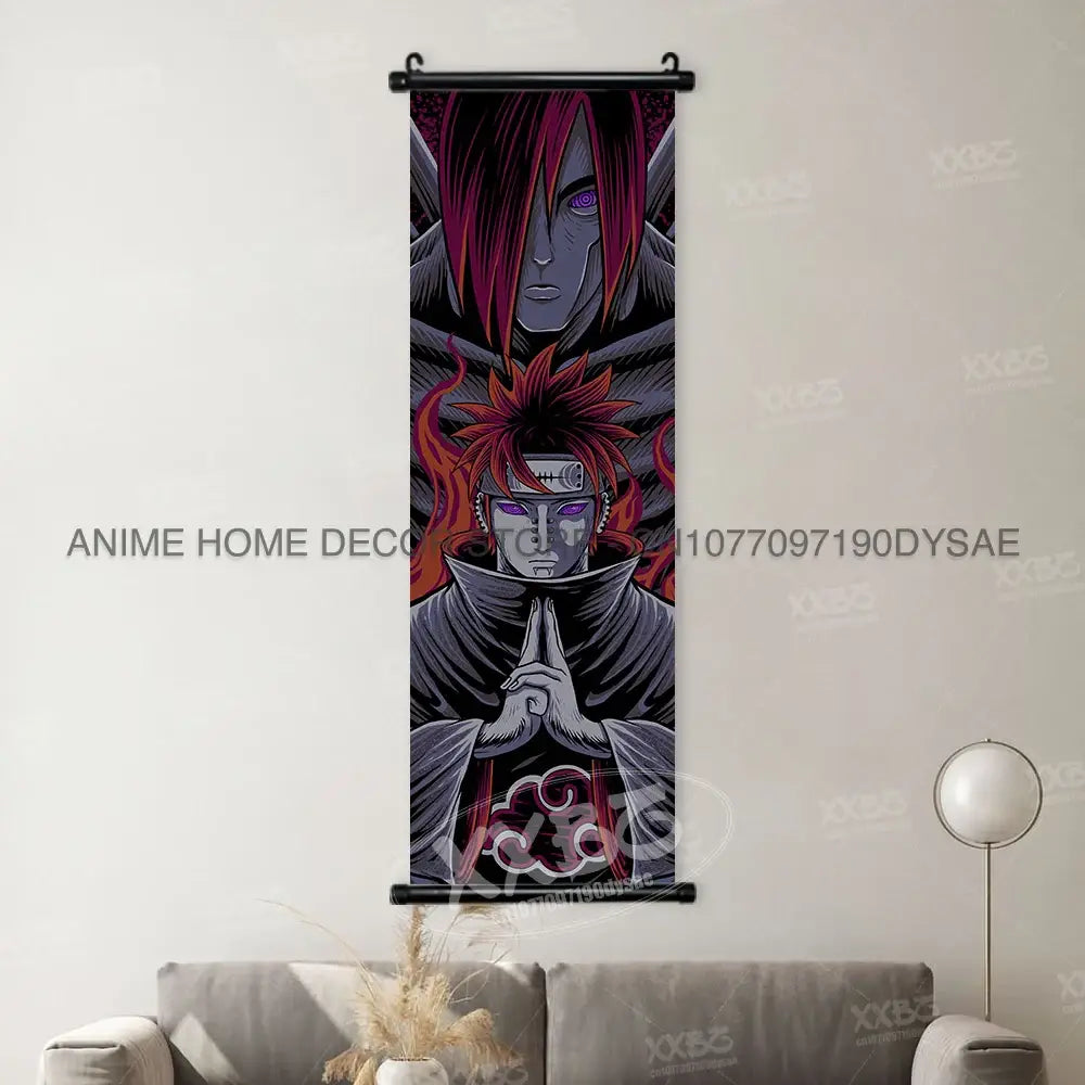 Naruto madara wall scroll poster featuring two red hair purple eyes characters in dark gray and black anime decor