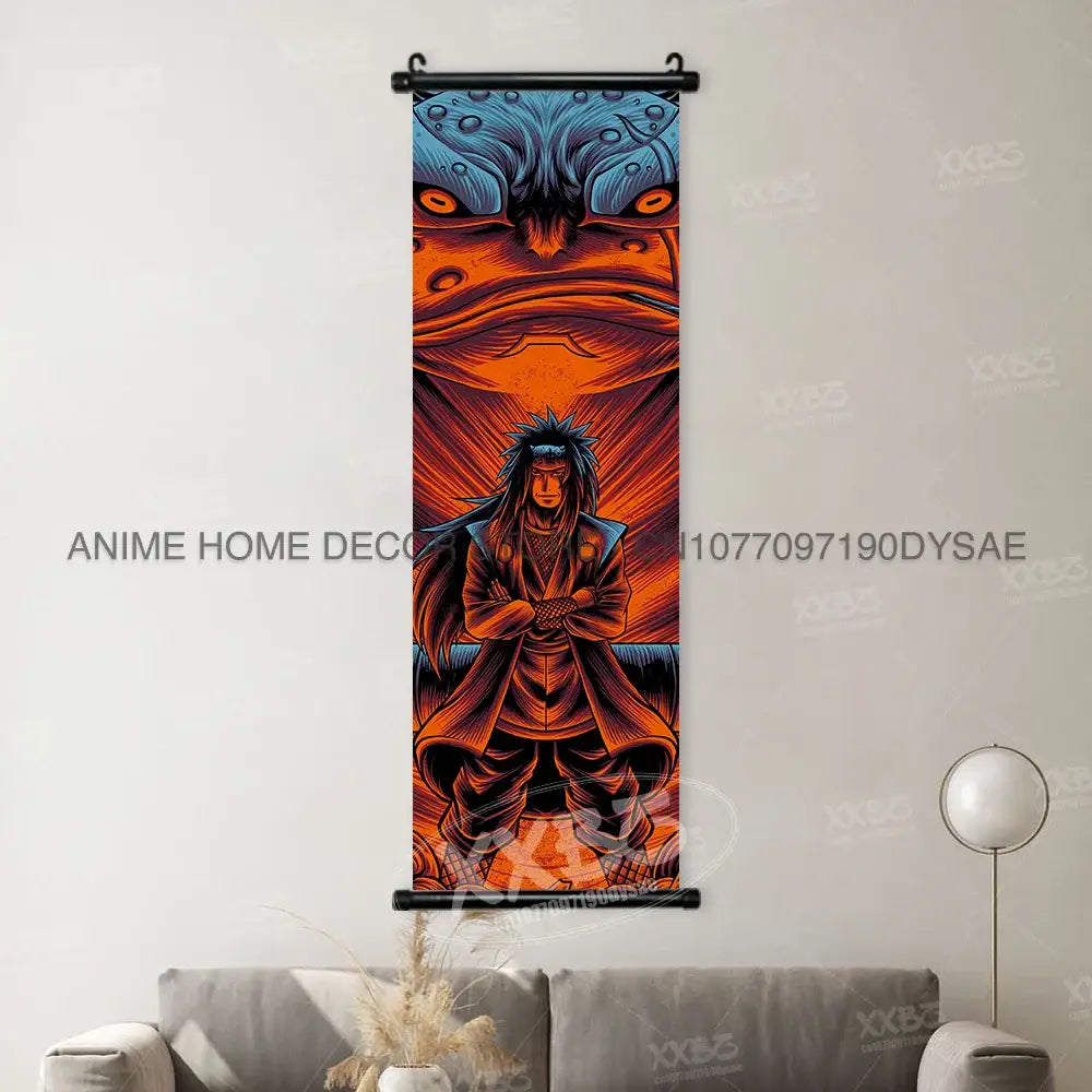 Vibrant orange and blue naruto madara anime wall scroll poster featuring a character before a large menacing face