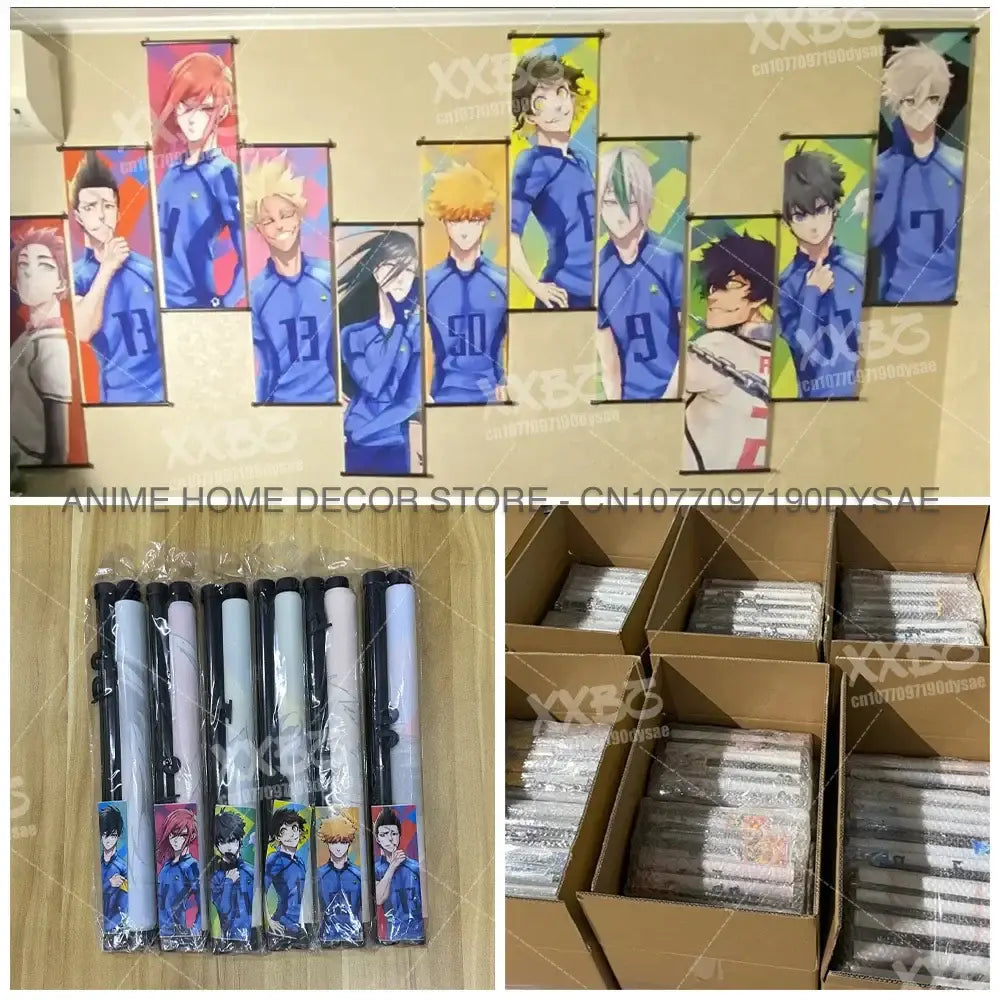 Anime-themed roll-up wall posters featuring naruto madara characters in blue sports jerseys with colorful backgrounds