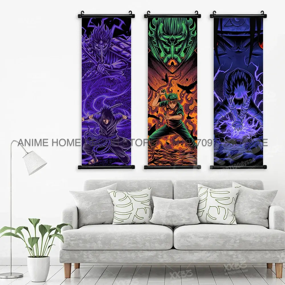 Three vertical naruto madara wall scroll posters with vibrant purple green and orange anime designs and black borders