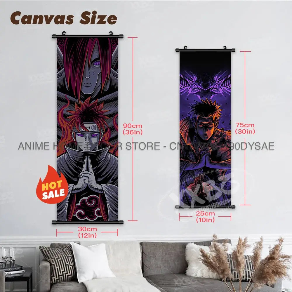 Two anime-themed naruto madara canvas wall scroll posters featuring red-haired and spiky-haired characters with wings