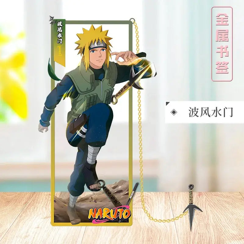 Golden metal bookmark featuring standing naruto uzumaki in green vest and blue pants holding a kunai with chain
