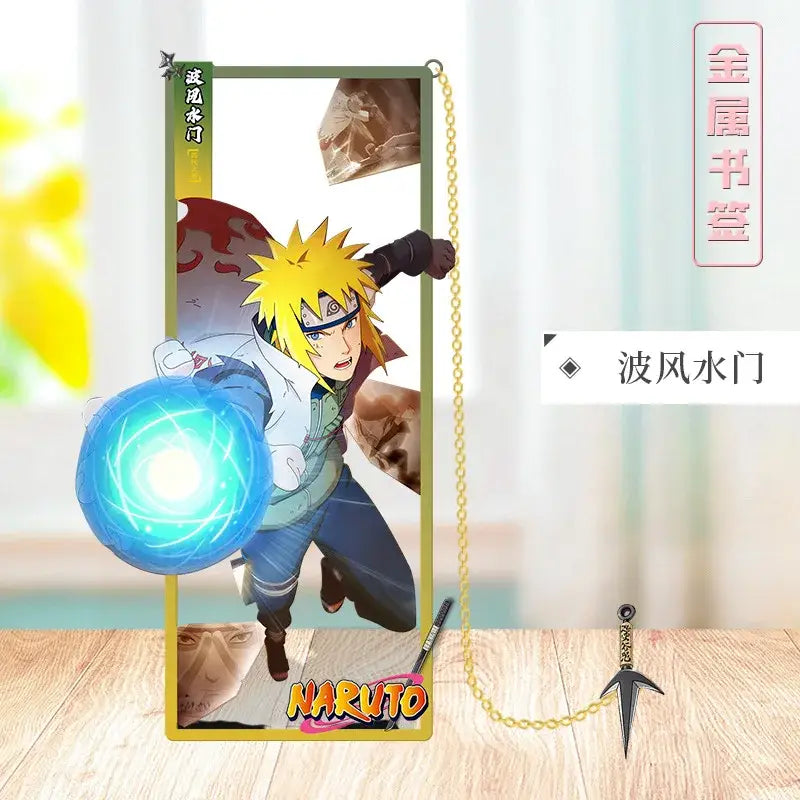 A rectangular gold-framed metal Naruto bookmark featuring minato namikaze with a glowing blue rasengan illustration