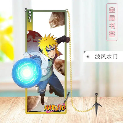 A rectangular gold-framed metal Naruto bookmark featuring minato namikaze with a glowing blue rasengan illustration