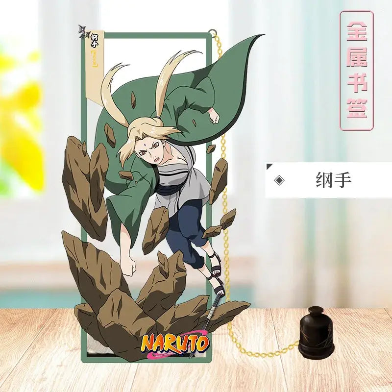 Green and white acrylic metal bookmark featuring naruto character tsunade with attached gold chain collector design