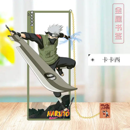 Naruto metal bookmark featuring a metallic rectangular design with kakashi hatake in action with sword and chakra blast