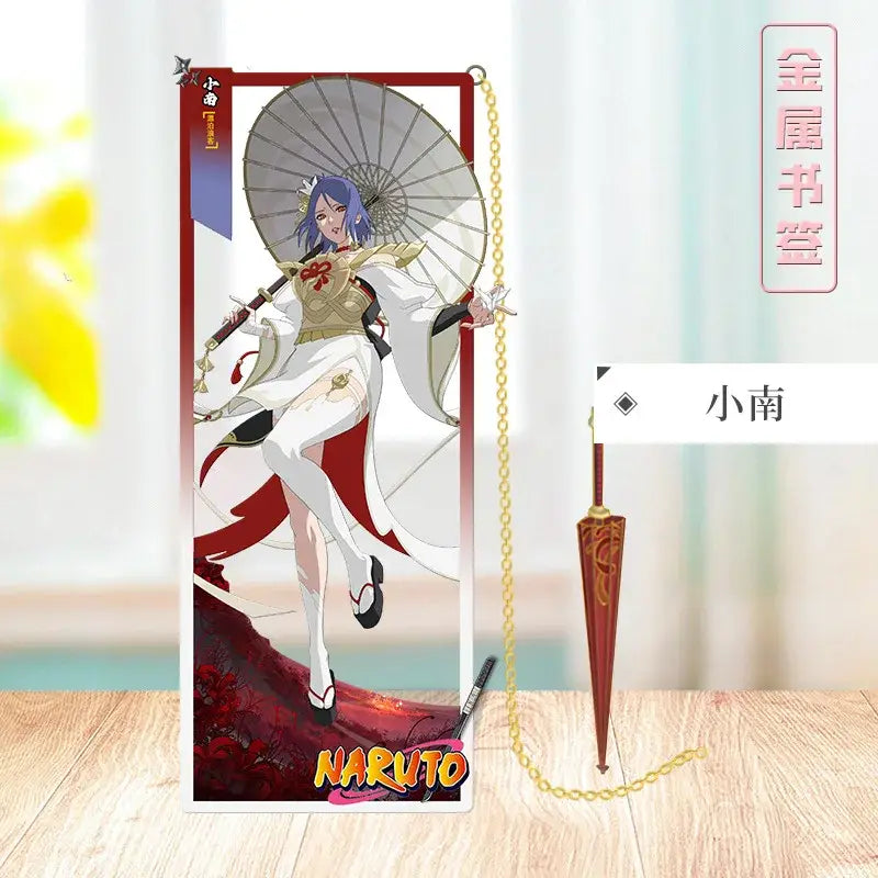 A tall rectangular acrylic Naruto metal bookmark featuring a purple-haired anime character holding a gray parasol