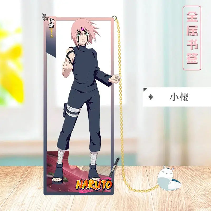 Pink-haired sakura haruno acrylic stand with gold chain and white snail charm for naruto metal bookmark collector design