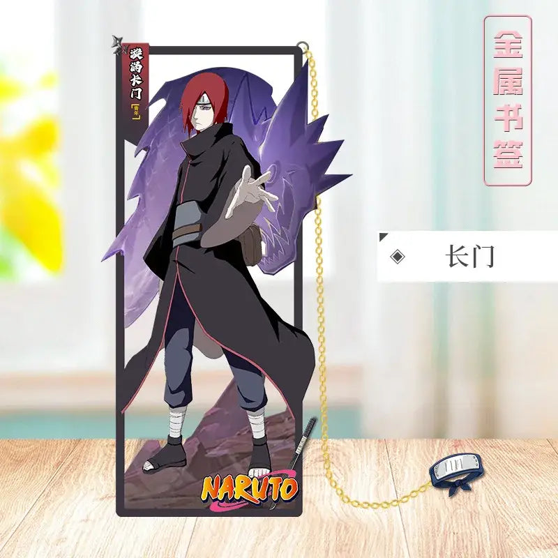 Black acrylic stand featuring a purple and red anime character design with naruto logo for naruto metal bookmark collector design