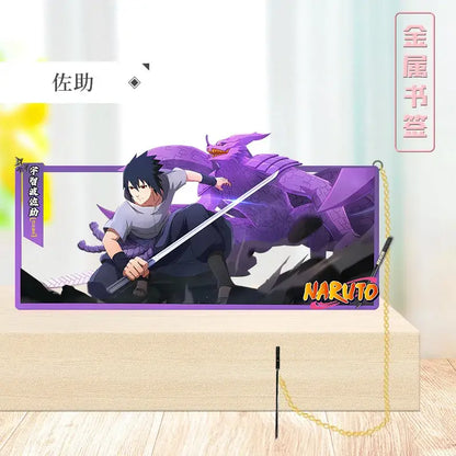 Purple rectangular naruto metal bookmark featuring sasuke uchiha with purple chakra beast and gold chain collector design