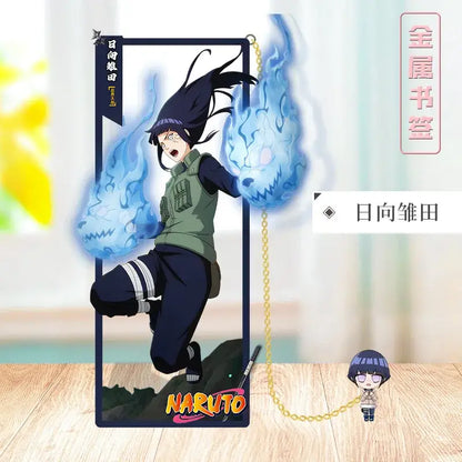 Metallic naruto metal bookmark featuring hinata hyuga in green vest with blue chakra flames on hands collector design