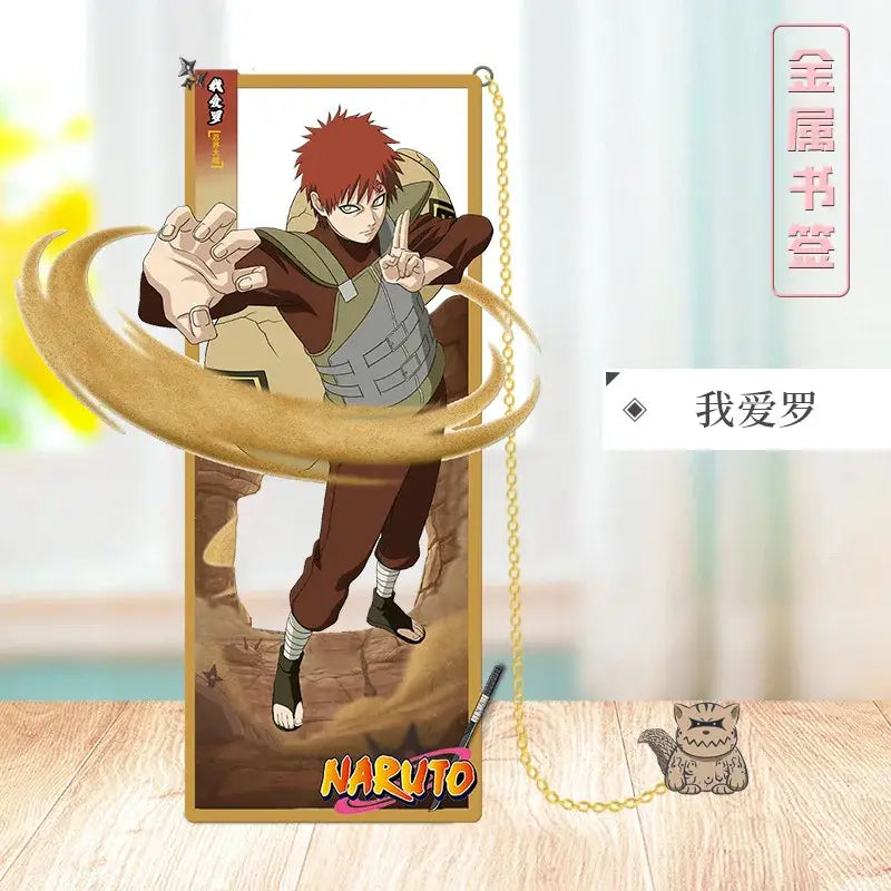 Naruto metal bookmark featuring gaara on a brown and beige acrylic stand with golden chain accents