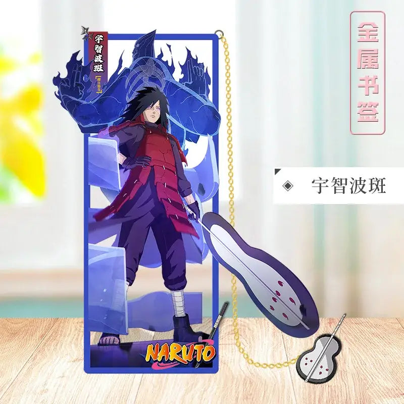 Blue acrylic naruto metal bookmark featuring a red and purple character design attached to a gold chain
