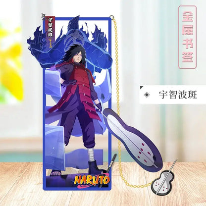 Blue acrylic naruto metal bookmark featuring a red and purple character design attached to a gold chain