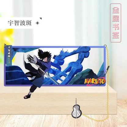 Blue rectangular metal naruto-themed bookmark with character illustration and gold chain for collectors