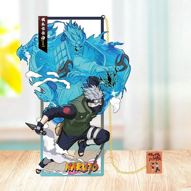 Blue and green acrylic naruto metal bookmark featuring kakashi in dynamic pose with chakra form and gold chain for hanging