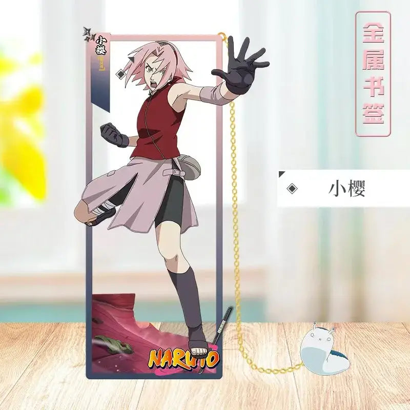 Naruto sakura haruno metal bookmark featuring pink hair and dynamic pose in red and pink collector’s metal design