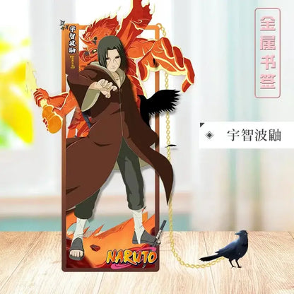 A metallic naruto metal bookmark featuring sasuke uchiha in a dark brown cloak with fiery orange demon and black crow design