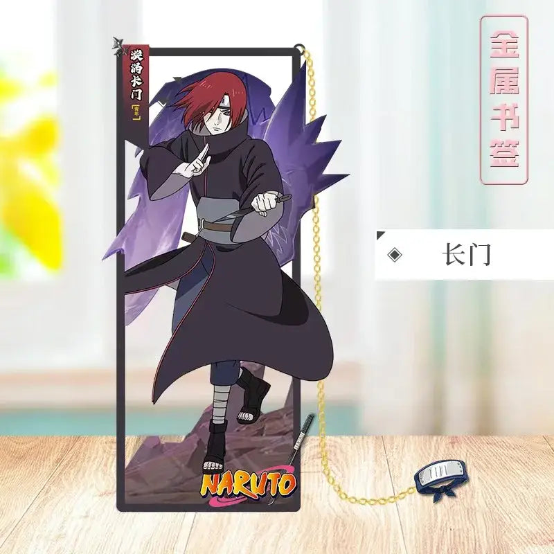 Black acrylic stand featuring tobi from naruto with purple hair and dark cloak in naruto metal bookmark design