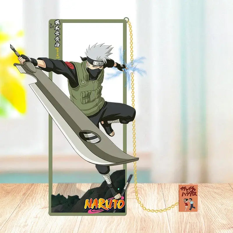 A translucent acrylic naruto metal bookmark featuring kakashi hatake mid-action with a gold chain attached