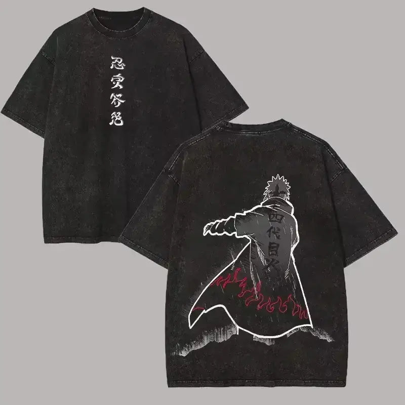 Back side of a black oversized washed cotton Naruto Minato Namikaze tee with white outlined Naruto graphic and red flame accents