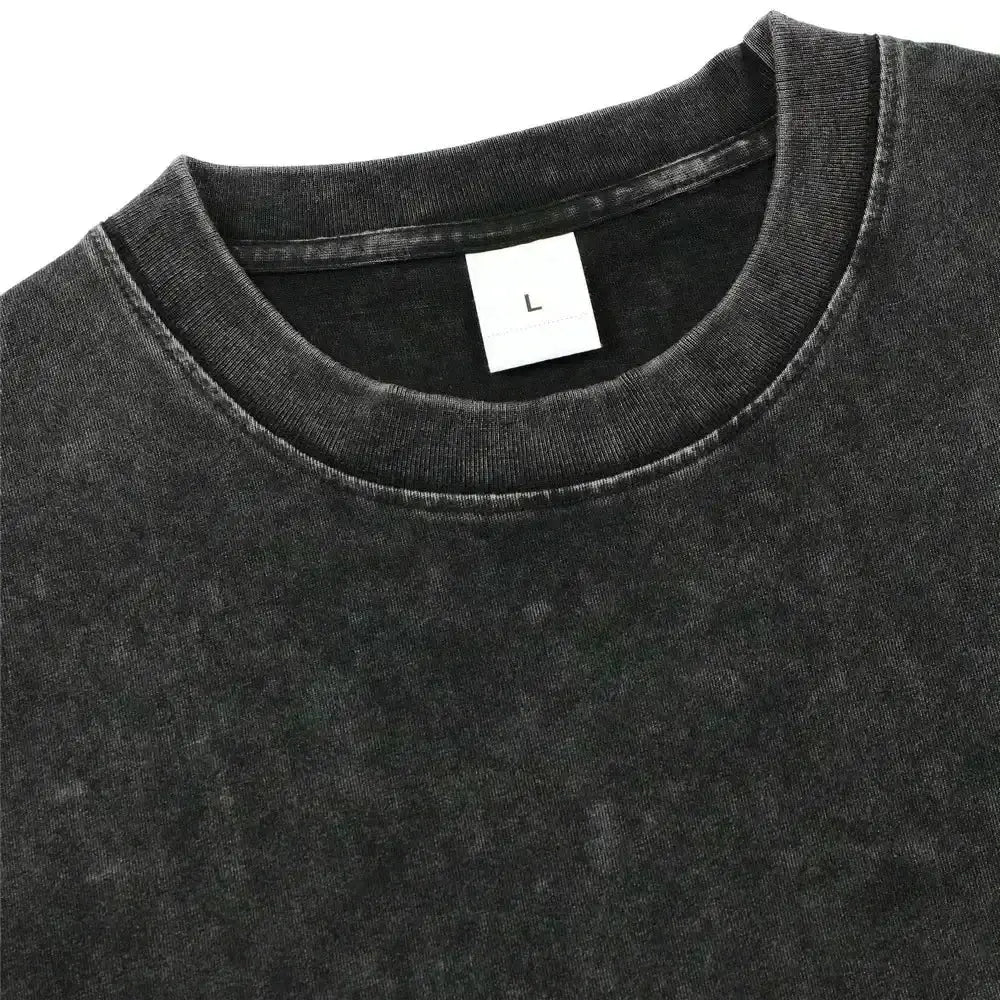 Black distressed cotton crewneck t-shirt with white size label inside collar from naruto minato namikaze oversized washed tee