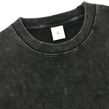 Black distressed cotton crewneck t-shirt with white size label inside collar from naruto minato namikaze oversized washed tee