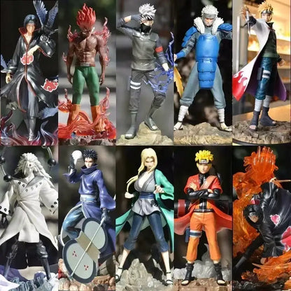 Collection of detailed naruto anime figure mystery blind box featuring vibrant red blue orange green black white and purple colors