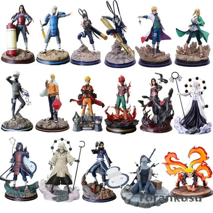 Collection of vibrant naruto mystery blind box anime figures in dynamic poses with detailed designs on rocky bases