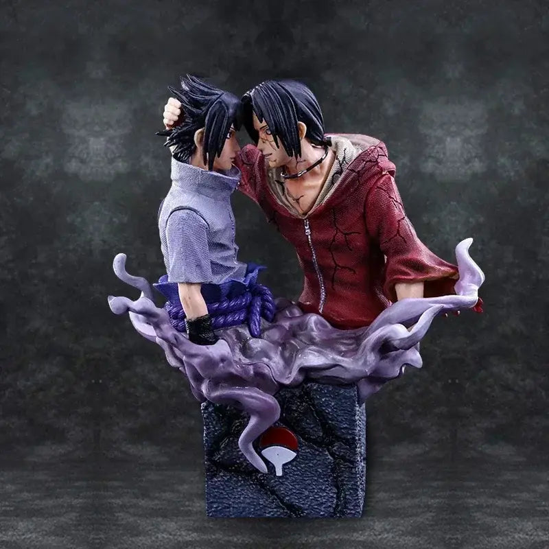 Detailed resin anime figure from naruto mystery blind box featuring two characters in an intense embrace on a stone base with uchiha crest