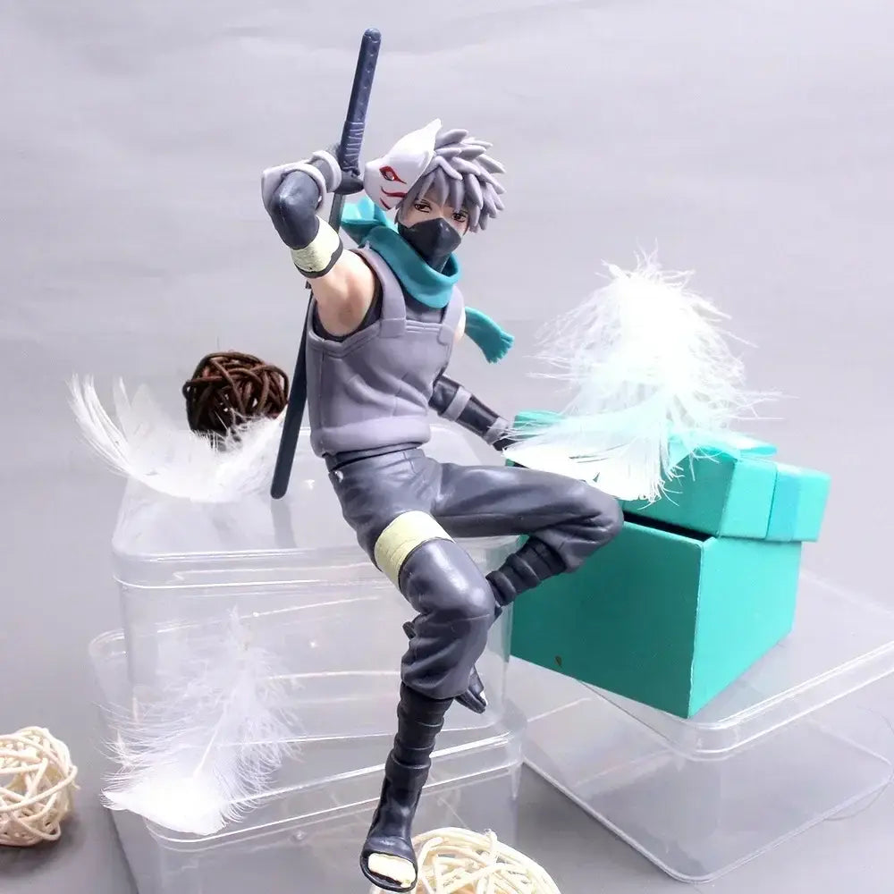 Gray and black kakashi hatake anime figure posed with sword from naruto mystery blind box collectible