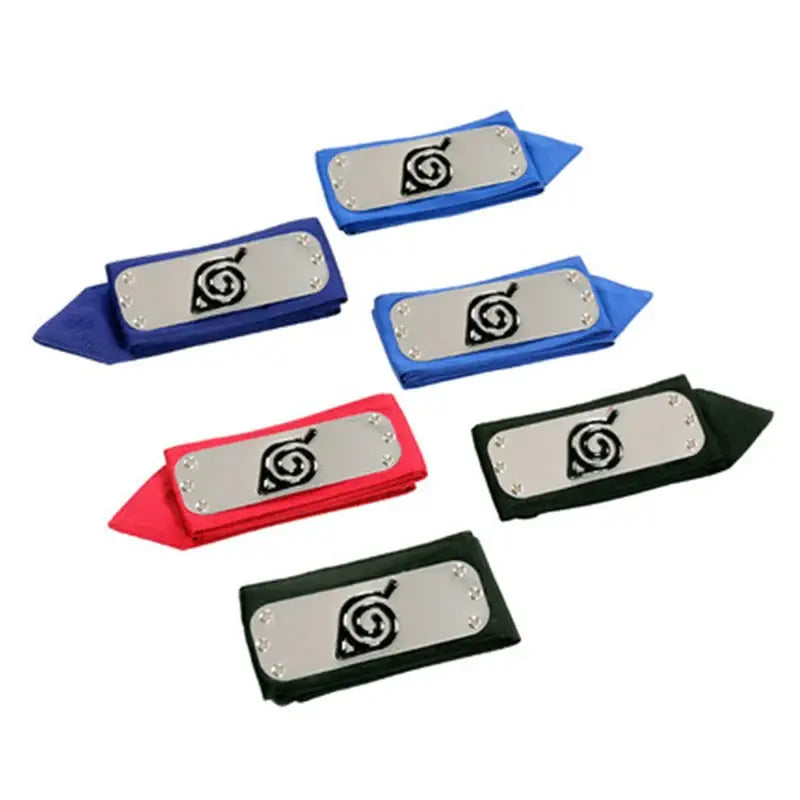Naruto ninja headbands in blue red and black fabric with silver metal forehead protector plates featuring Uzumaki spiral emblem