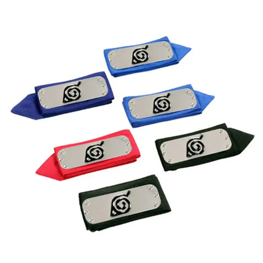Naruto ninja headbands in blue red and black fabric with silver metal forehead protector plates featuring Uzumaki spiral emblem