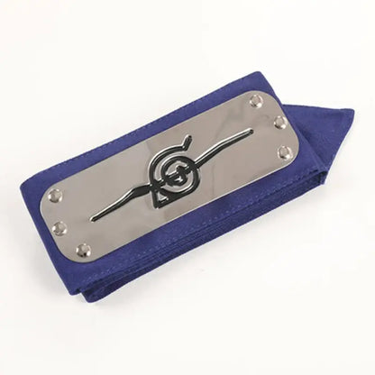 Blue fabric naruto ninja headband with silver metal uzumaki clan emblem as a forehead protector accessory