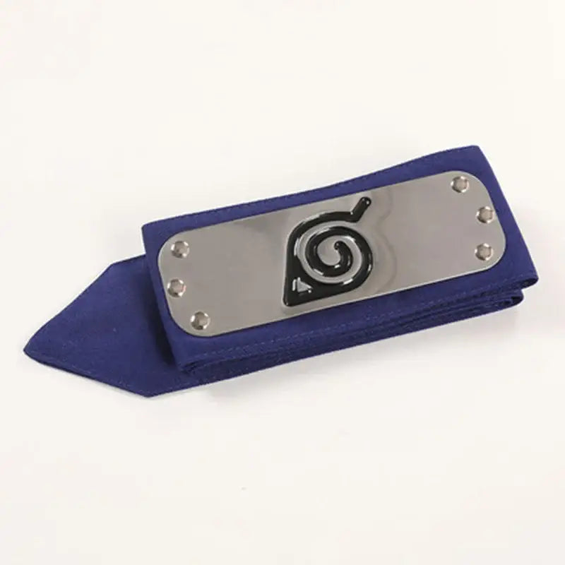 Blue fabric naruto ninja headband with silver metal plate and black spiral emblem forehead protector
