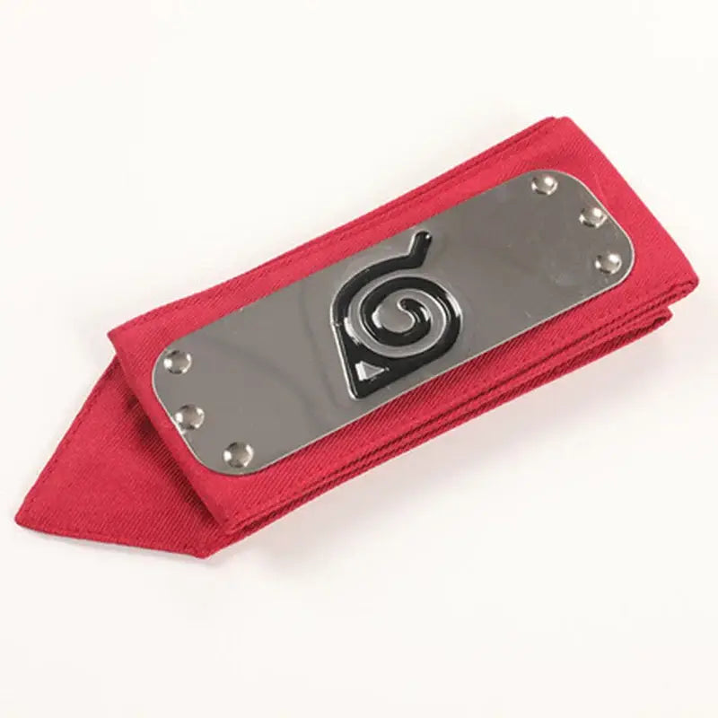 Red fabric Naruto ninja headband forehead protector with silver metal plate featuring black spiral emblem