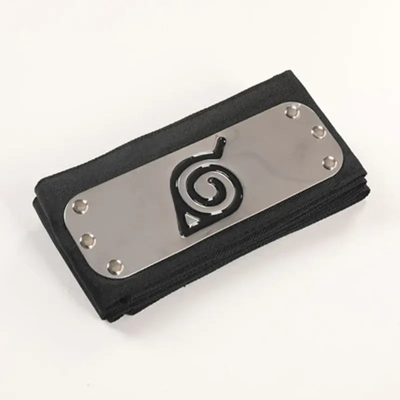 Black fabric forehead protector headband with silver metal plate featuring naruto spiral emblem design