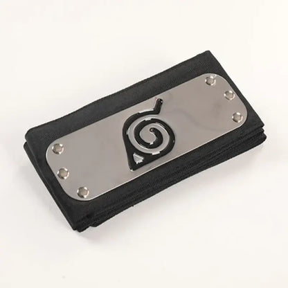 Black fabric forehead protector headband with silver metal plate featuring naruto spiral emblem design