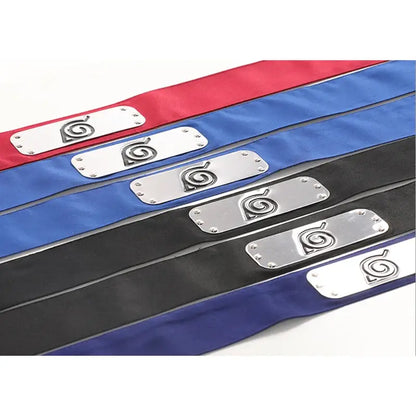 Silver metal plates with stylized spiral emblem on red, blue, black, and dark purple fabric ninja forehead protector headbands