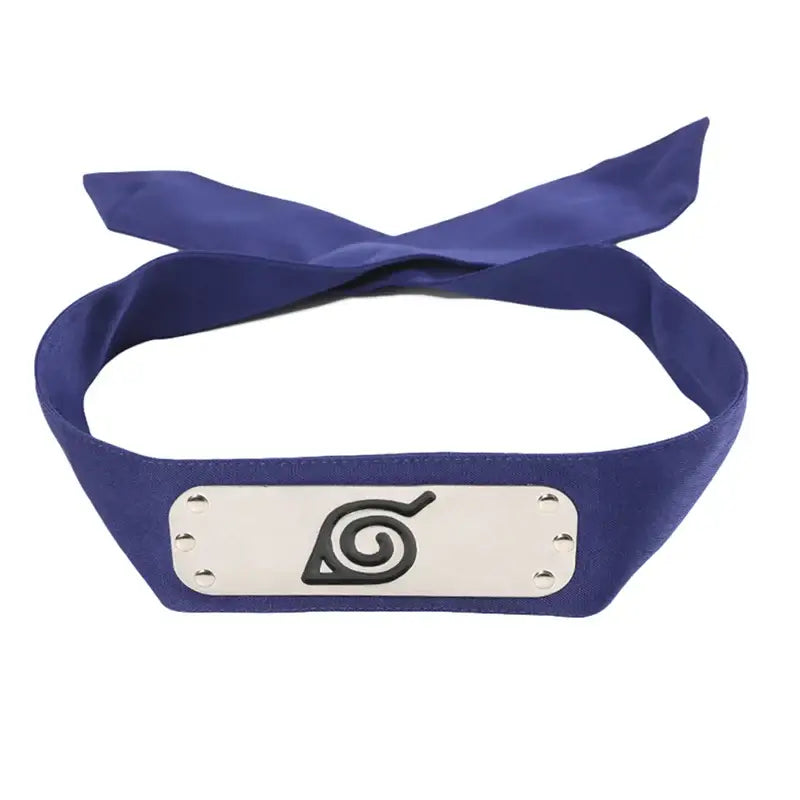 Naruto ninja headband forehead protector with blue fabric and silver metal plate featuring black spiral emblem