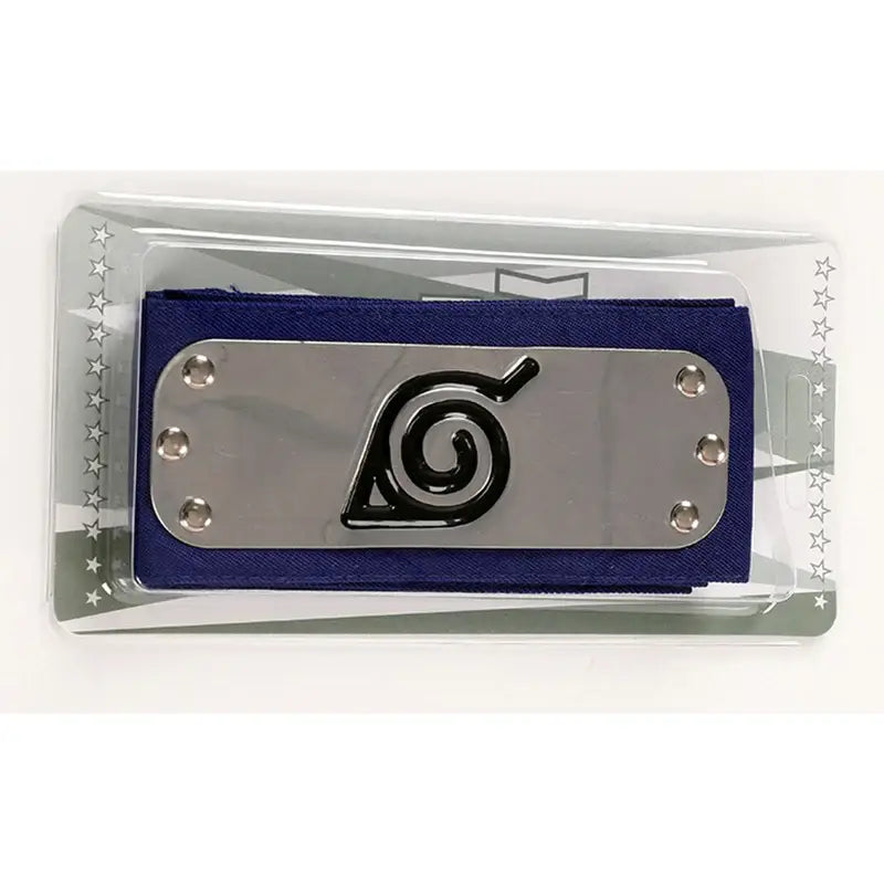 Naruto ninja headband forehead protector with silver metal plate and black spiral emblem on navy blue fabric