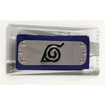 Naruto ninja headband forehead protector with silver metal plate and black spiral emblem on navy blue fabric