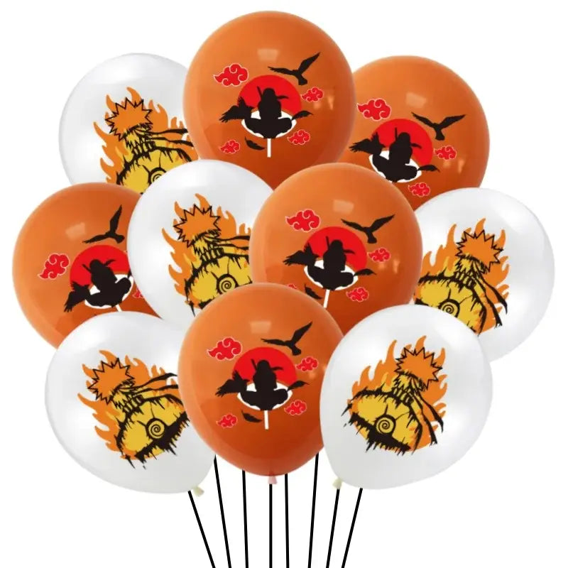 Orange and white latex balloons with naruto uzumaki designs and akatsuki cloud motifs for birthday decor