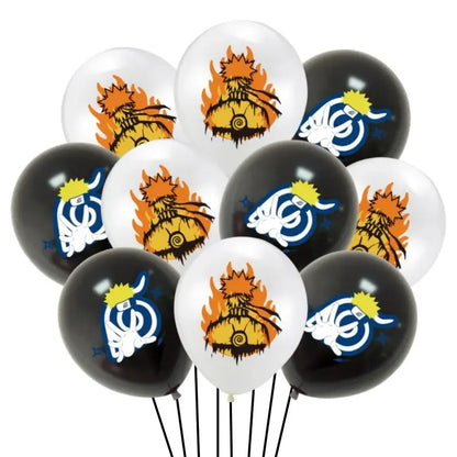 Black and white latex balloons with vibrant orange blue and yellow naruto uzumaki designs for birthday party decor