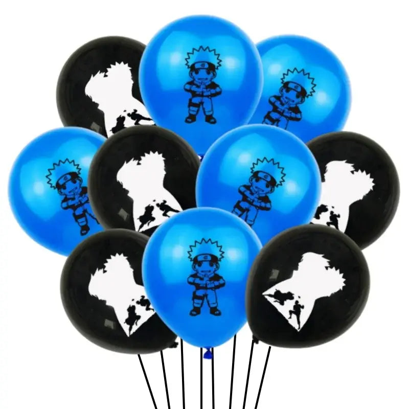 Blue and black naruto-themed latex balloons with printed character designs for birthday party decor