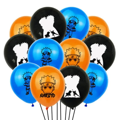 A cluster of vibrant orange blue and black latex balloons featuring printed naruto character designs for birthday decor